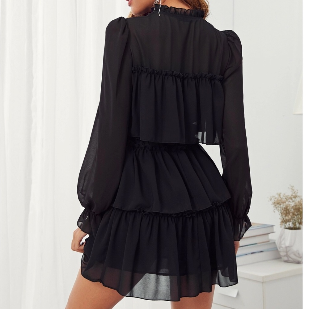Classic Black Puff Long Sleeve Ruffle Party Evening Dress - Picture 2 of 5
